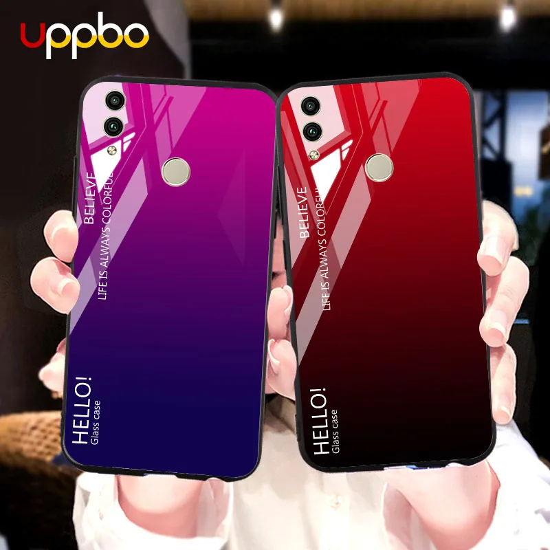 

PC Hard Plastic Case For Huawei Honor 8C Case Gradient Tempered Glass Cover Honor 8C BKK-L21 Covers Phone Shell Back Housing