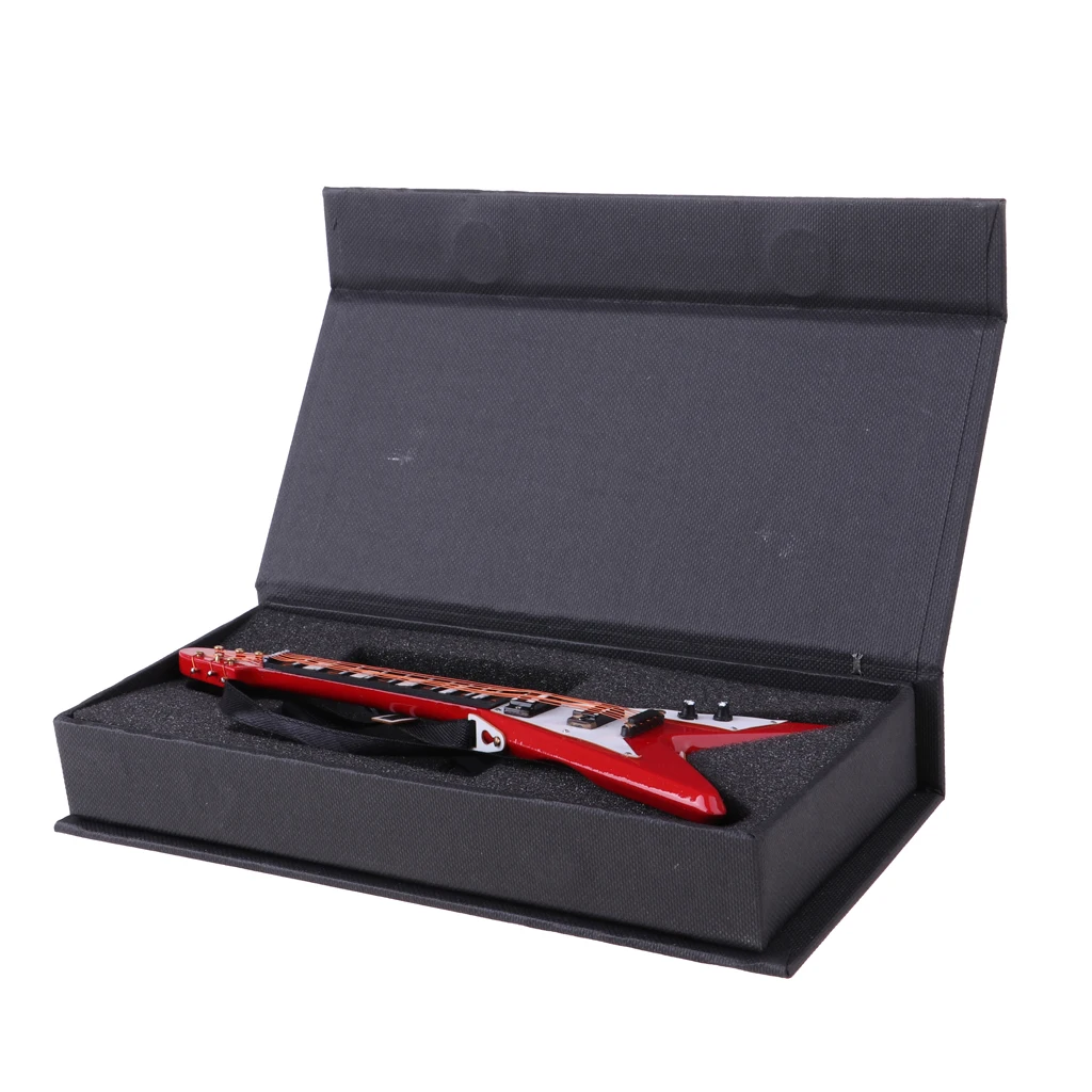 1/6 Scale Miniature Musical Instrument Model Come With Stand & PU Box for Action Figures Dolls Accessory-Wooden V Guitar Model