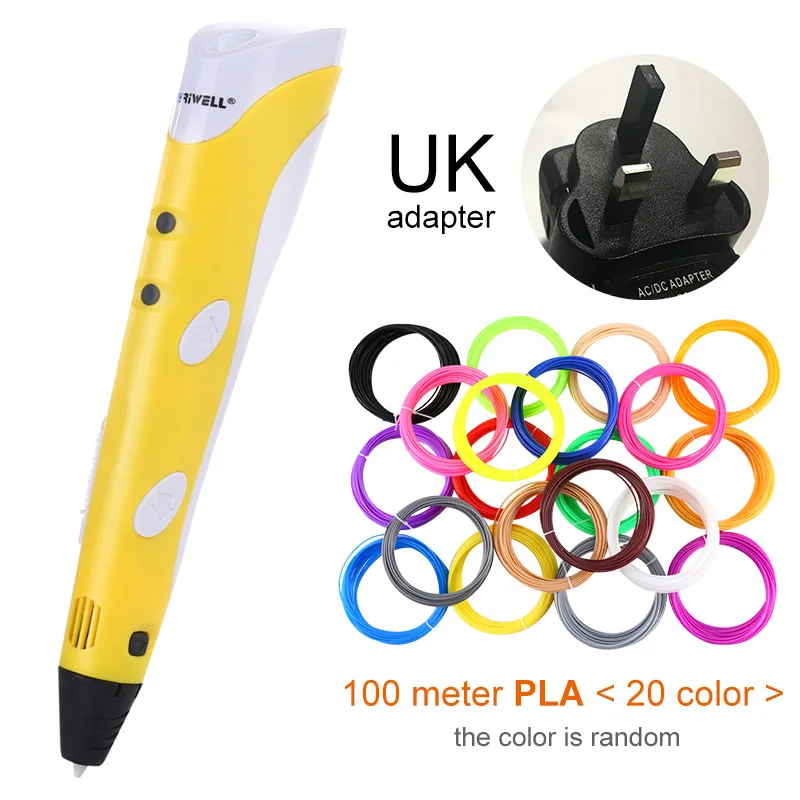 Myriwell, 3D Ручка,, сделай сам, 3D печать, ручка с 100 м ABS/PLA нитью, креативная игрушка, подарок для детей, дизайнерский рисунок - Цвет: Yellow UK-100m PLA
