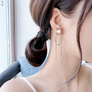 

925 Silver New Style Flowers Non-symmetrical Long Tassel Earring Korean-style Elegant Versatile Trend High Grade Sense Ear Stud