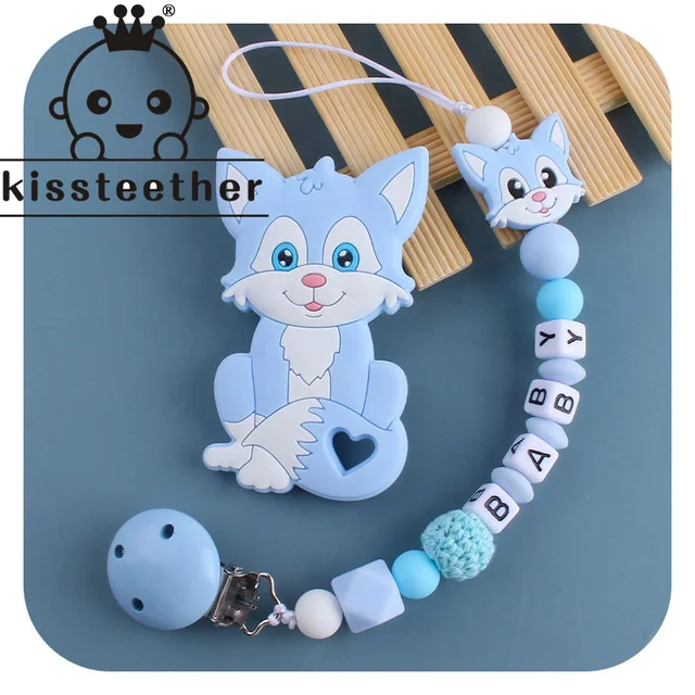 Kissteether Personalized Name Handmade Pacifier Clips Holder Chain Silicone Pacifier Chains Set Civet Cat Baby Teether Chain Blue