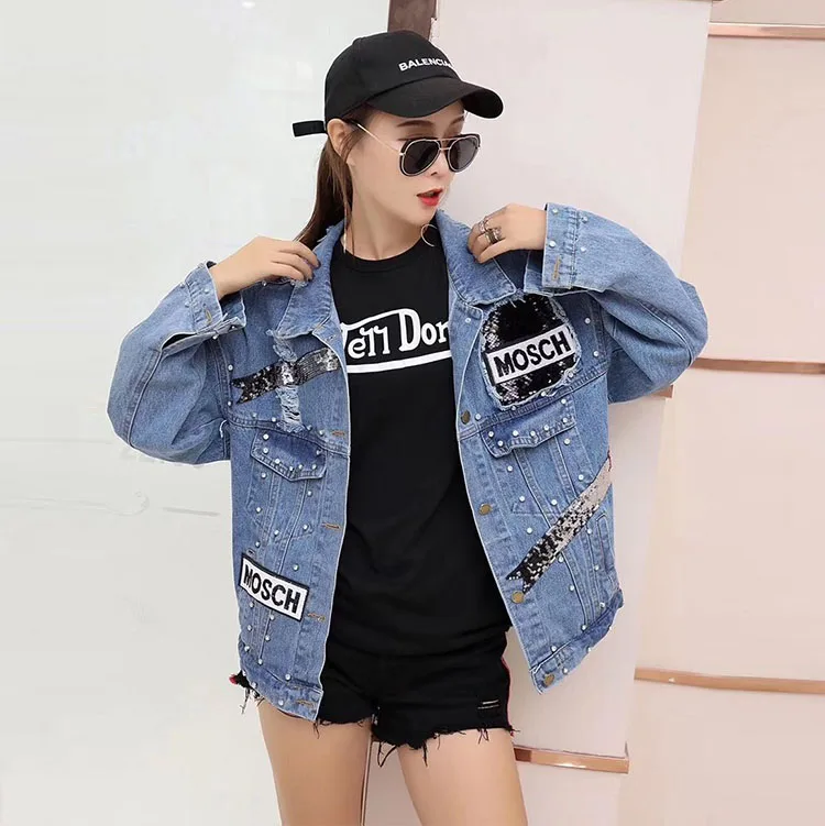 Most effective  Women's Denim Jacket 2019 New Jeans Jackets Women Sequins Pearls Punk Casual Loose Vintage Streetwe
