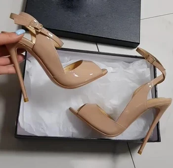 

Moraima snc Peep Toe Ankle Strap High Heels Shoes Woman Sexy Thin Heels Dress Pumps Cutouts Stiletto Heels Nude
