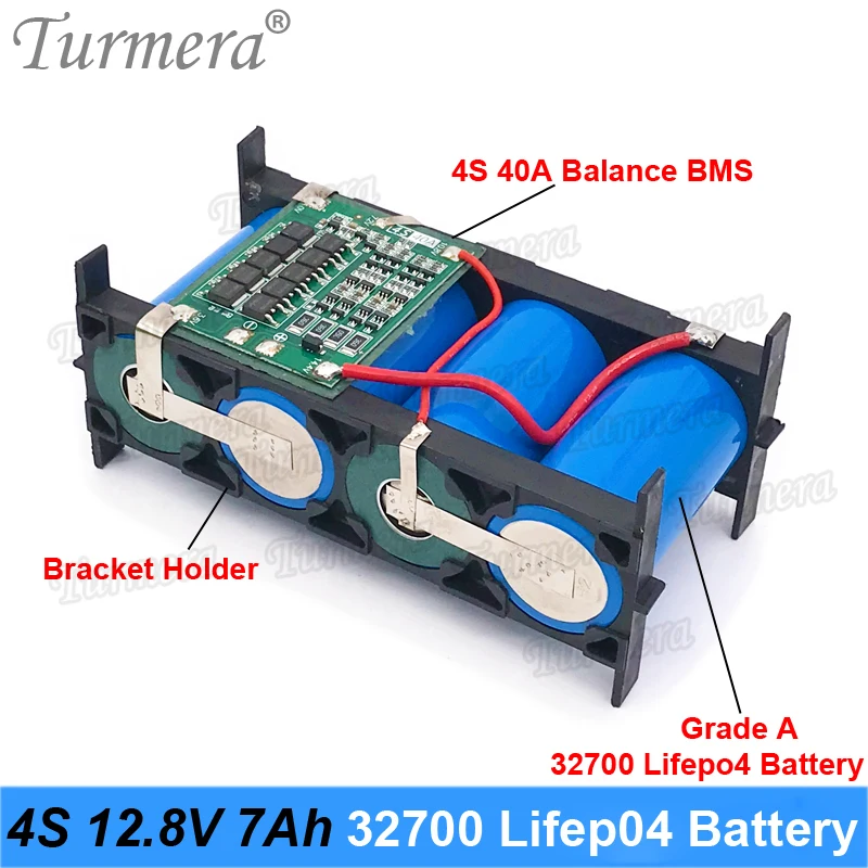 Turmera 32700 Lifepo4 Battery Pack 4S1P 12.8V 7Ah with 4S 40A Balanced BMS for Electric Boat  and Uninterrupted Power Supply 12V