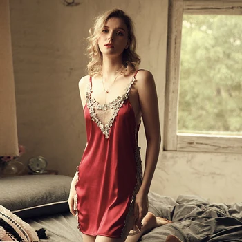 

One-size Dress Length 73CM Sexy Woman Imitation Silk Home Nightdress Temptation Halter Lace Thin Section Plus Side Slit Sexy E18