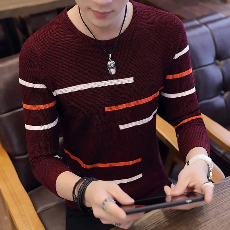 Style-1 Wine Red Повседневный осенне-зимний мужской свитер с круглым вырезом в полоску, облегающая трикотажная одежда, мужские свитера, пуловеры, пуловер для мужчин, M-3XL - Цвет: Style-1 Wine Red