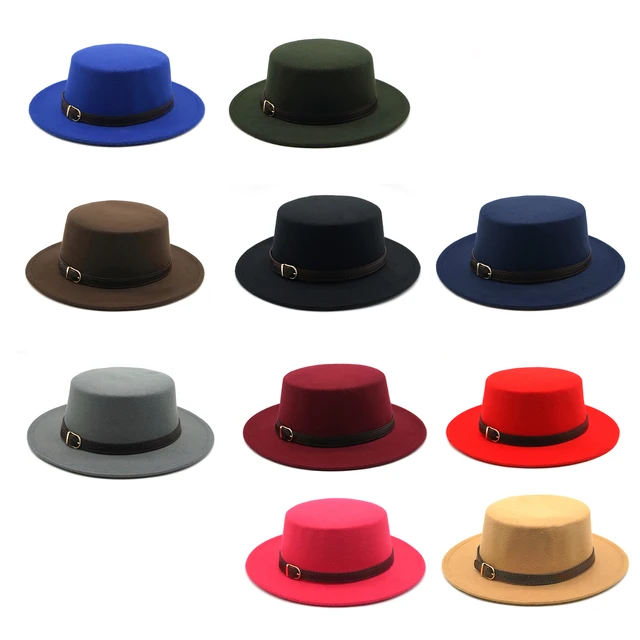 New Retro Winter Autumn women men Top hat Imitation Woolen Felt Fedora Hats Belt buckle Decorated ladies Boater Hat flat brim 2