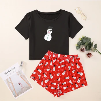 

Casual Christmas Snowman Snowflake Cartoon Printed Short Sleeve Women Tshirt Women Shorts Two Pieces Women Sets Christmas Set