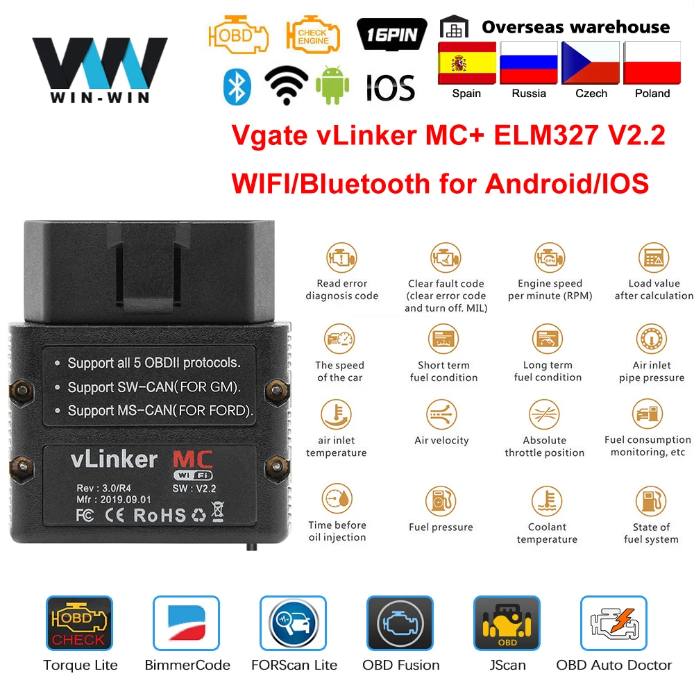 Vgate vlinker mc + elm327 bluetooth 4.0 obd 2 elm obd2 327 wifi carro de diagnóstico para android/ios scanner ferramentas automáticas pk obdlink icar