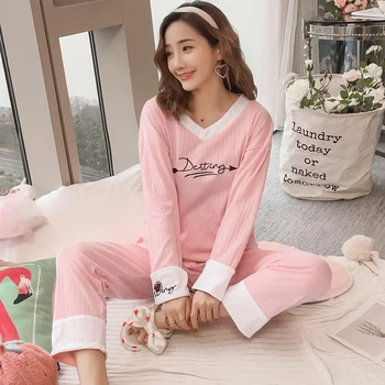 

2020 Spring 100% Cotton V-neck Pajama Sets for Women Long Sleeve Striped Loungewear Sleepwear Homewear Pijama Mujer Home Clothes
