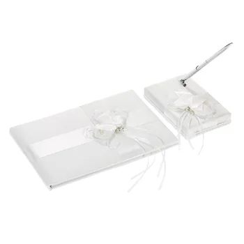 

White Satin Ribbon Wedding Guset Signature Book Pen Stand Set Satin Flower Faux Pearls Sign Book Wedding Decoration Supplies