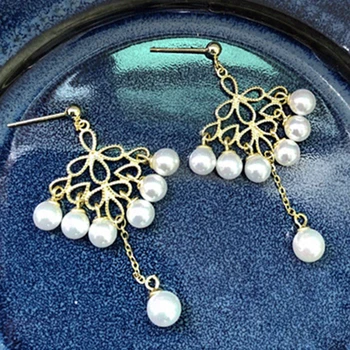 

LAMOON S925 Pearls Drop Earrings for Women 14K Gold Plated Vintage Silver Fine Jewelry Chinese Fan Style 2019 LMEI084