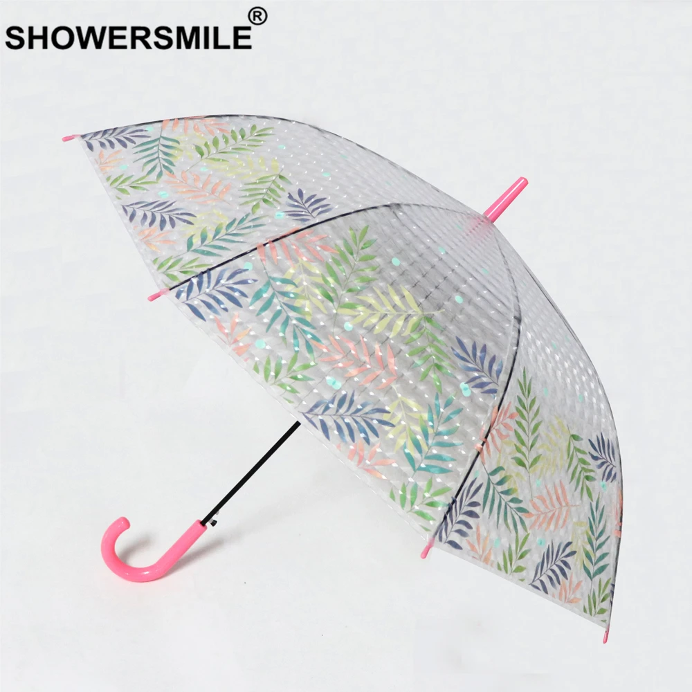 

SHOWERSMILE Transparent Umbrella Rain Women Long Handle Leaves Ladies Parapluie Automatic Novelty Umbrellas Guarda Chuva