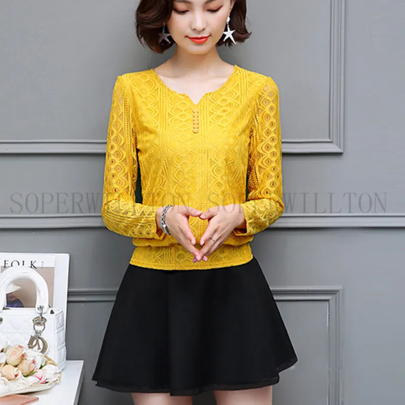 Yellow Новинка, женские шифоновые Кружевные блузы, топы, женские рубашки с длинным рукавом, топ на пуговицах размера плюс 3XL Blusa Femme Fiminina - Цвет: Yellow