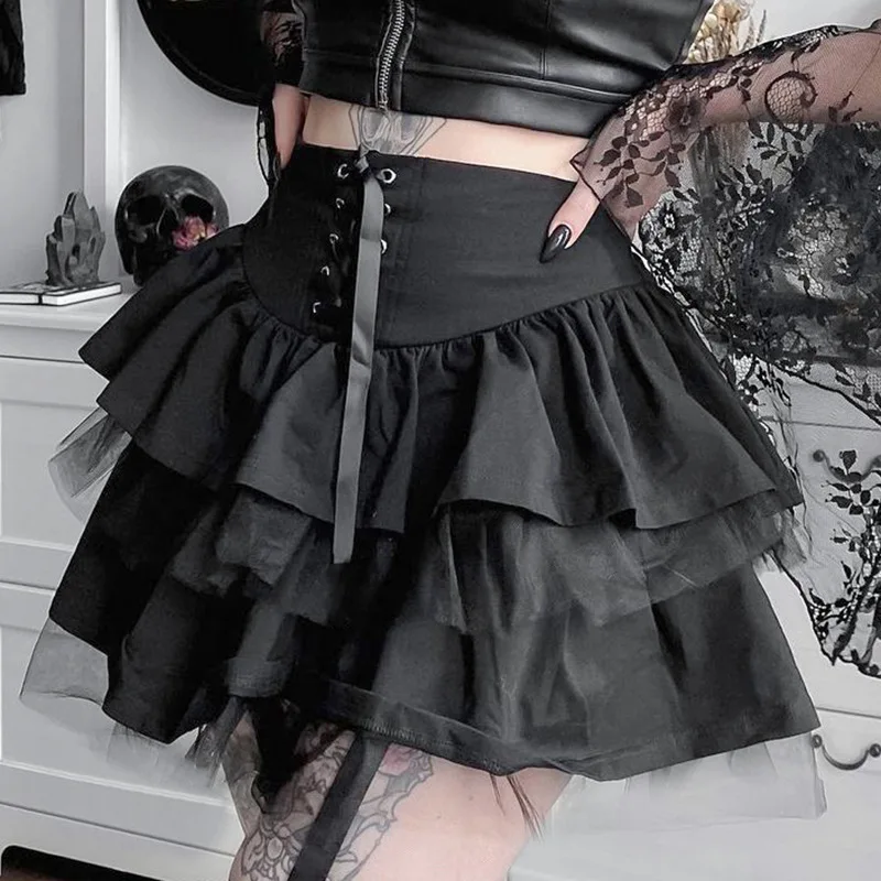 Dark Gothic Style Mesh Stitching Lace High Eaist Cake Skirt 2021 European And American Y2K Sexy Skirts Women