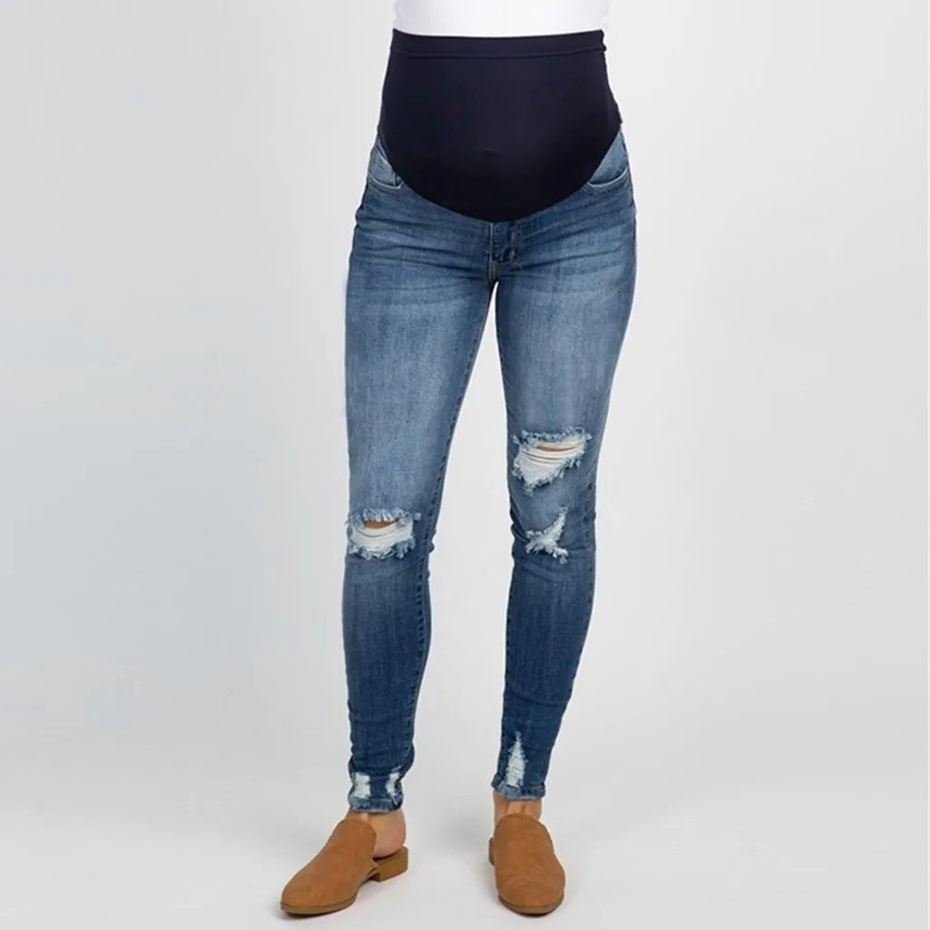 

mujer jeans 2019 Pregnant Woman Ripped Jeans Maternity Pants Pregnant women loose hole stomach lift jeans nine pants blue