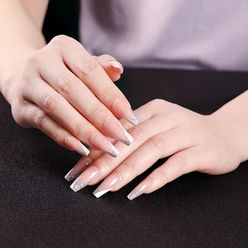 

24pcs Asymmetric French False Nails Skin Color Gold Foil Press On Fake Nails Purple Powder Lavender Gradient Ballet Nail Art