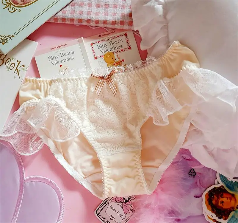 Light Yellow Милые Однотонные трусы в японском стиле принцессы для девочек-подростков, студенческие трусики Феи из хлопка с оборками и бантом, трусики с низкой талией - Цвет: Light Yellow