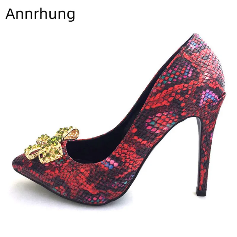 

Sexy Mixed Color Serpentine Pumps Women High Heels Jewelled Gold Metal Bowknot Decor Shoes Pointed Toe Shallow Shoes Heels Pumps