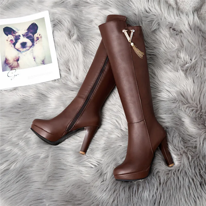 ANNYMOLI Winter Knee High Boots Women Crystal Platform Thick Heels Tall Boots Zipper Super High Heel Shoes Female Big Size 33-43