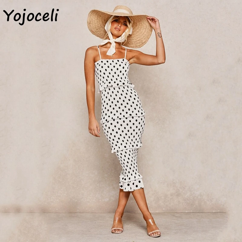 Yojoceli, женское платье, новинка, весна-лето, в горошек, сарафан, женское, гофрированное, миди платье, бохо, Пляжное, многослойное, с рюшами, платье, бохо, Пляжное Платье