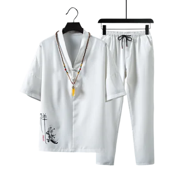 

White retro mens two-piece set summer black gray men fashion tshirt and Drawstring lacing pants large size s-5xl