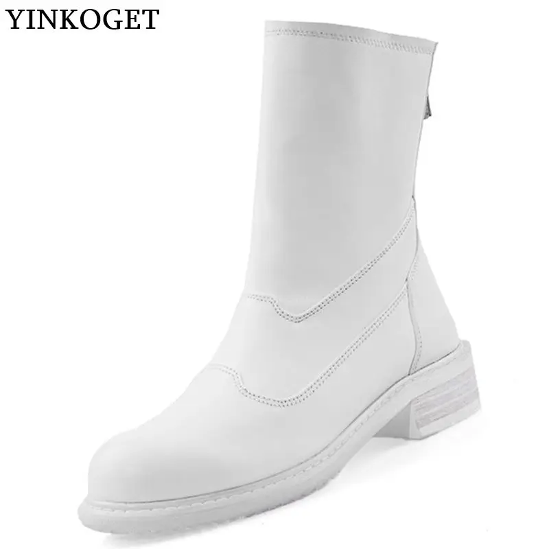 YINKOGET/женские ботинки до середины икры из натуральной овечьей кожи для отдыха; удобные женские ботинки; сезон осень-зима; модные высокие сапоги для девочек