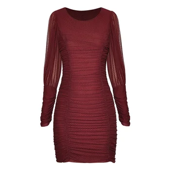 

Red RoosaRosee Designer Women new autumn fashion o neck slim waist puff sleeve elastic sheath dress