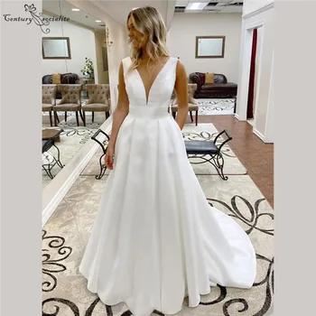

Simple Satin Wedding Dresses 2020 Deep V-Neck Backless Pockets Sweep Train Ivory Bridal Gowns Bride Dress Vestido De Noiva Cheap