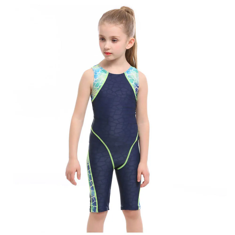 Профессиональный цельный купальный костюм для девочек, детский купальный костюм, Высококачественная эластичная ткань, купальный костюм - Цвет: Синий