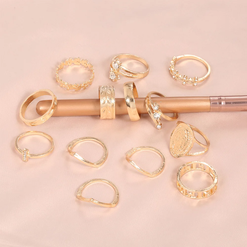 Gold Rings Finger Rings Set Women Crystal Geometric Retro Knuckle Ring Jewelry Gift