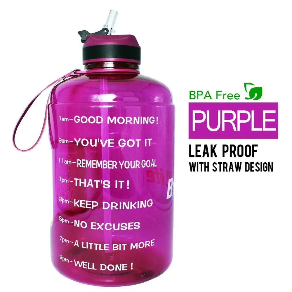 Purple BuildLife 1 галлон бутылка для воды с соломенным маркером времени 3.78л 128 унций BPA бесплатно пластиковая большая емкость фитнес спорт воды кувшин - Цвет: Purple