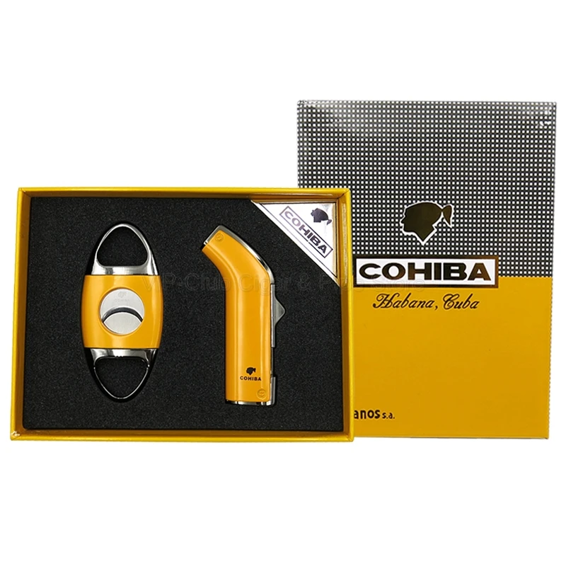 Yellow COHIBA Металл 2 пламя струя сигары зажигалка резак набор ветрозащитная Зажигалка сигары из нержавеющей стали резак сигары набор для курения подарочная коробка - Цвет: Yellow