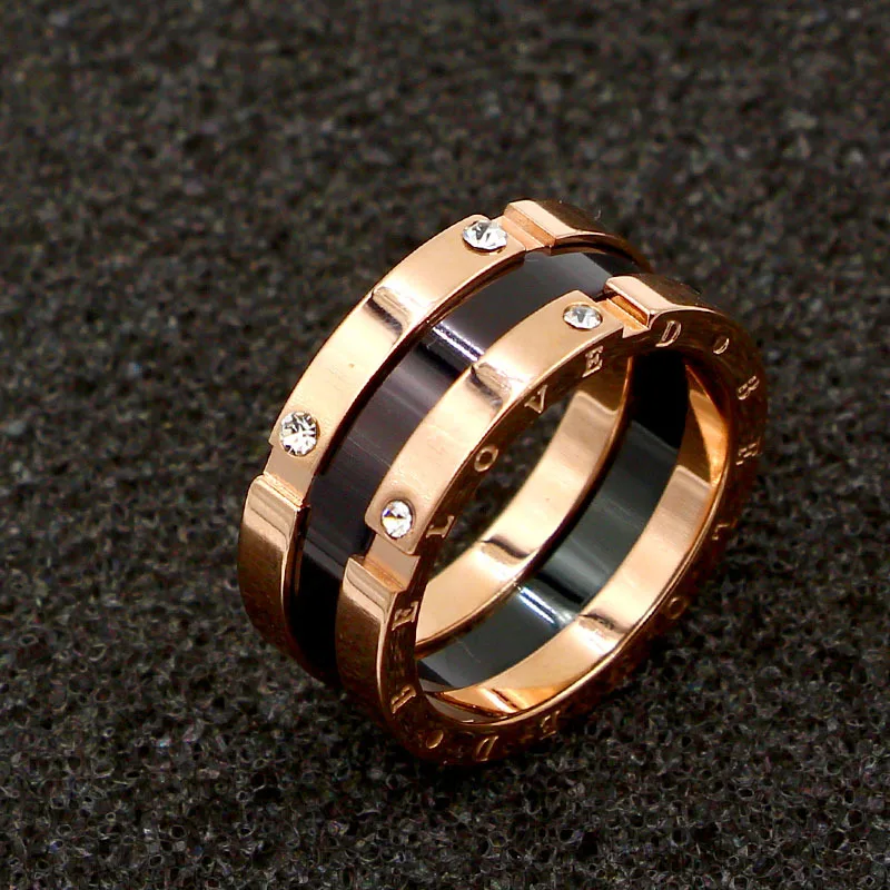 Дизайн, роскошные ювелирные изделия, черные керамические кольца на палец для пар, AAA кубический цирконий, нержавеющая сталь, розовое золото, Брендовое кольцо для копирования