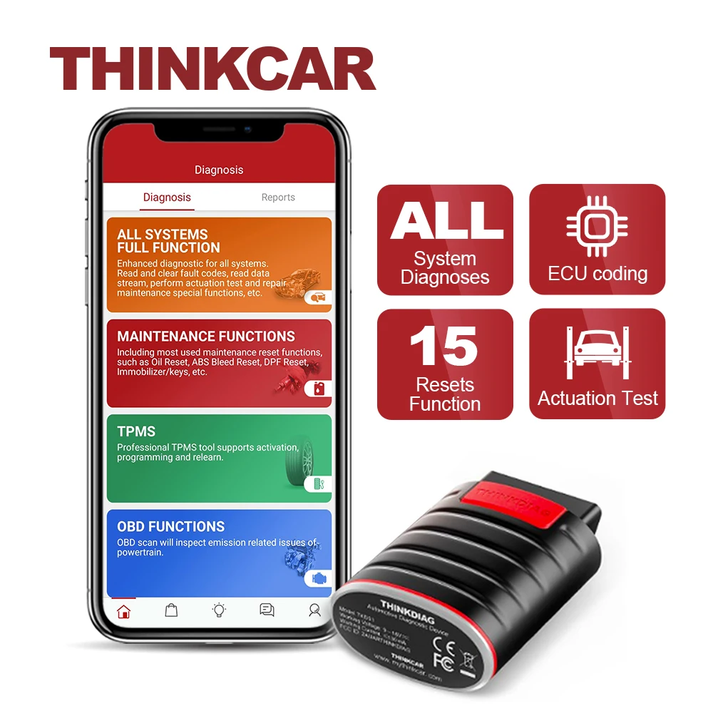 THINKCAR Thinkdiag Diagnostic Scanner for Car 15 Reset Services OBD2 Bluetooth Code Reader Full System OBDii Scan Tools for Auto