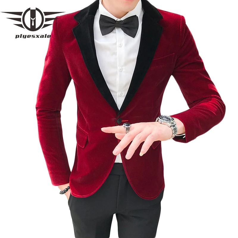 

Plyesxale Black Grey Red Velvet Blazer Men Fashion Patchwork Man Blazer Corduroy Slim Fit Prom Stage Veste Costume Homme Q786
