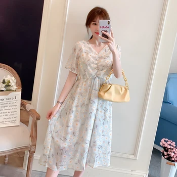 

2043# Summer Korean Fashion Maternity Party Long Dress Elegant V neck Slim Waist Clothes for Pregnant Women Floral Pregnancy