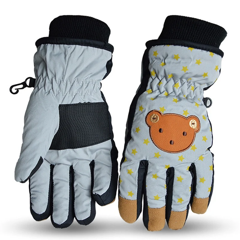 Детские зимние теплые перчатки, ветрозащитные водонепроницаемые теплые перчатки для пальцев от производителя, Мультяшные перчатки для катания на лыжах на весь палец серого цвета