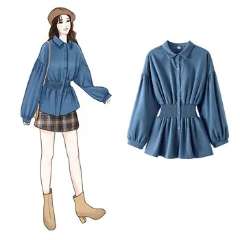 

COIGARSAM 4XL Plus Size Vintage Loose Shirt Womens tops Spring High Waist Women shirts Blue With Red 1825