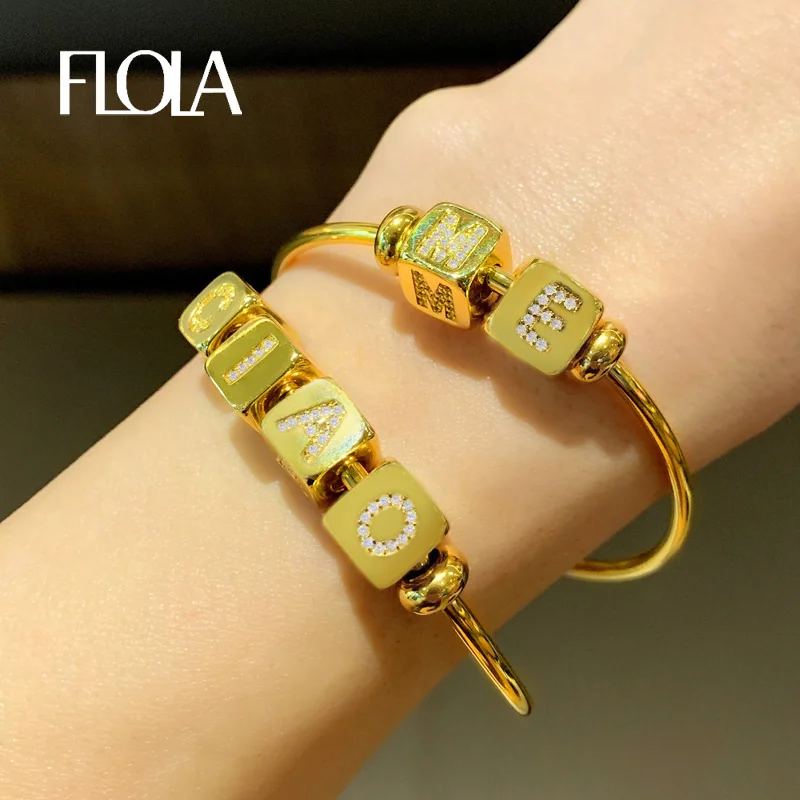 

FLOLA Gold Filled Initial Letter Bangles for Women DIY Charm Bangles Bracelets CZ Cubic Zirconia Stainless Steel Jewelry brtb91