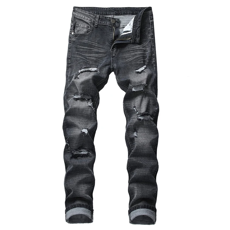 Мужские повседневные обтягивающие мотоциклетные штаны, Новое поступление, модные мужские джинсы в стиле хип-хоп, джинсы с потертостями и принтом, мужские джинсы с дырками, размеры 28-42 - Цвет: black
