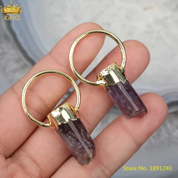 

5pcs 30mm Natural Amethysts Quartz Stick Point Hoop Charms Pendant,Gold Crystal Charms For Key Jewelry Accessories DSS-259KBAC