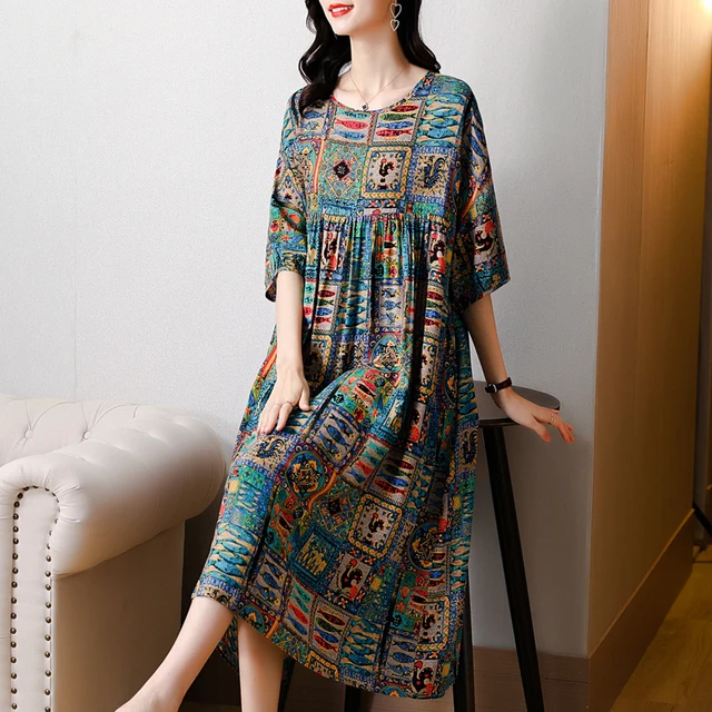 2021 Floral Chiffon Mesh Casual Beach Midi Dress Summer Vintage Loose 4XL Plus Size Dress Elegant Women Bodycon Party Vestidos As Picture