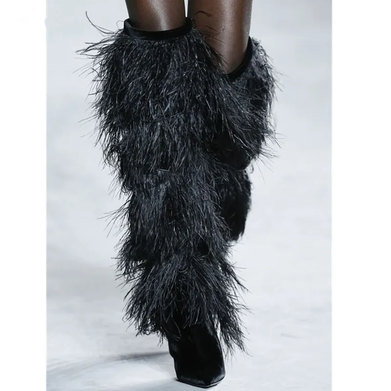 feather thigh high boots