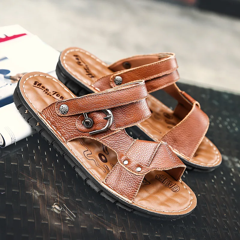 

Summer MEN'S Sandals Sandals A- line Foot Covering Flat Handmade Peep-Toe Genuine Leather Cowhide Sandals Large Size