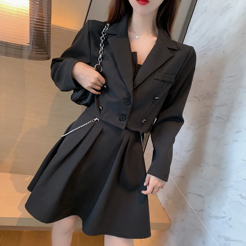 

High Quality Autumn Korean VintageTwo Piece Set Women Crop Top Blazer Jacket Coat + Sexy Pleated Dress Suits Women 2 Piece Set