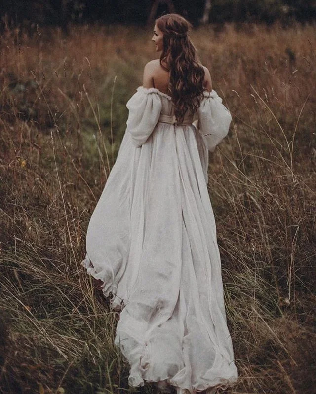 Vestido De Noiva винтажное платье с открытыми плечами свадебное платье белое шифоновое вечернее платье невесты с пышными рукавами трапециевидные Свадебные платья для невесты