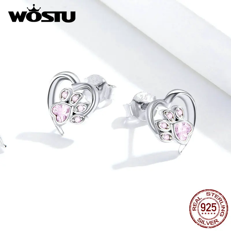WOSTU 925 пробы, серебряные серьги-гвоздики в форме лапы собаки, сердца, для женщин, розовый циркон, свадебные маленькие серьги, ювелирное изделие, CQE654-PK