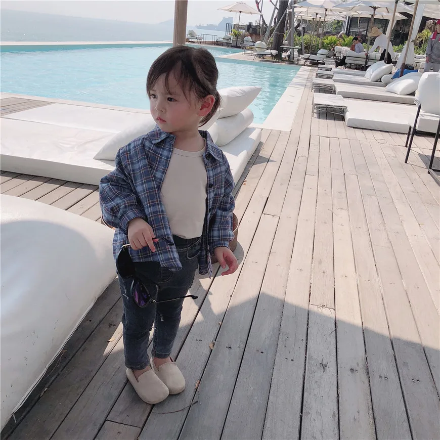 Autumn New Style Korean-style Childrenswear Men And Women Child Baby Plaid Casual Shirt Versatile Shirt