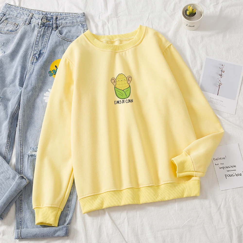 

Casual Pullover Cute Ear of Corn Printed Harajuku Funny Sweatshirt Ullzang Cotton Korean Style Slim Hoodie Women Hoody Ladies